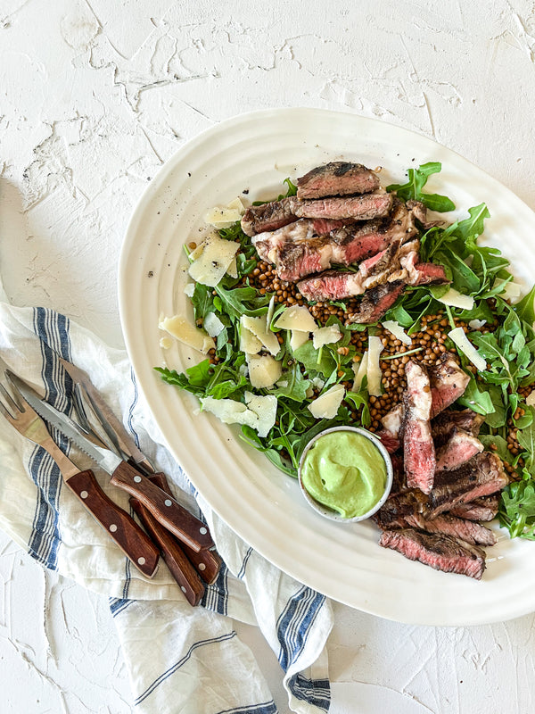 BBQ’d summer steak rocket parmesan salad with creamy herby dressing - Australian Organic Meat Co