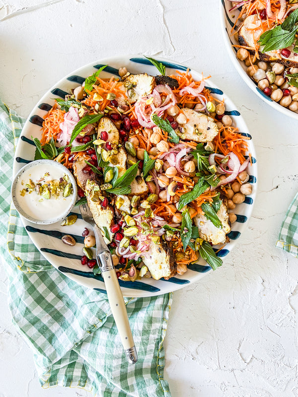 Chicken shawarma and chickpea salad with homemade pickled onion and ta - Australian Organic Meat Co