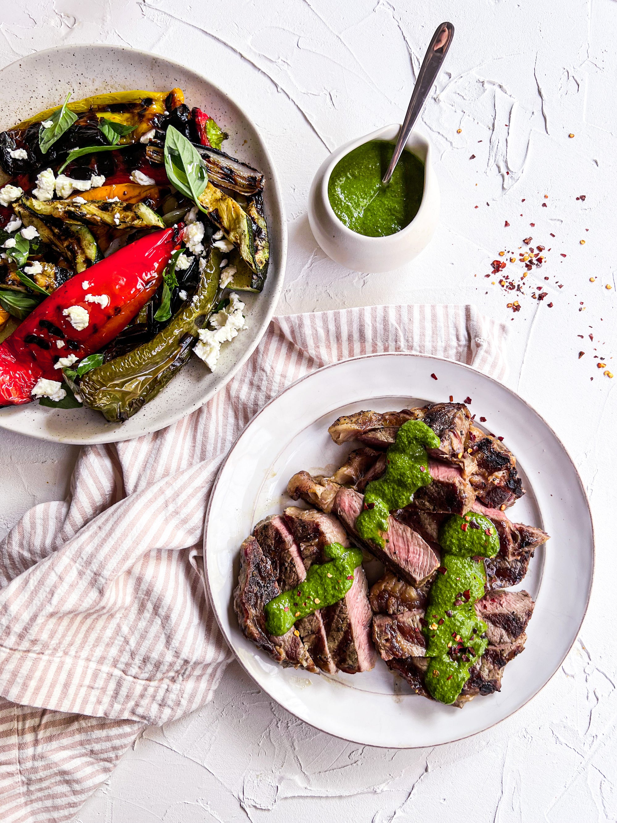 BBQ’d Sirloin and grilled summer veggies drizzled in homemade chimichurri dressing