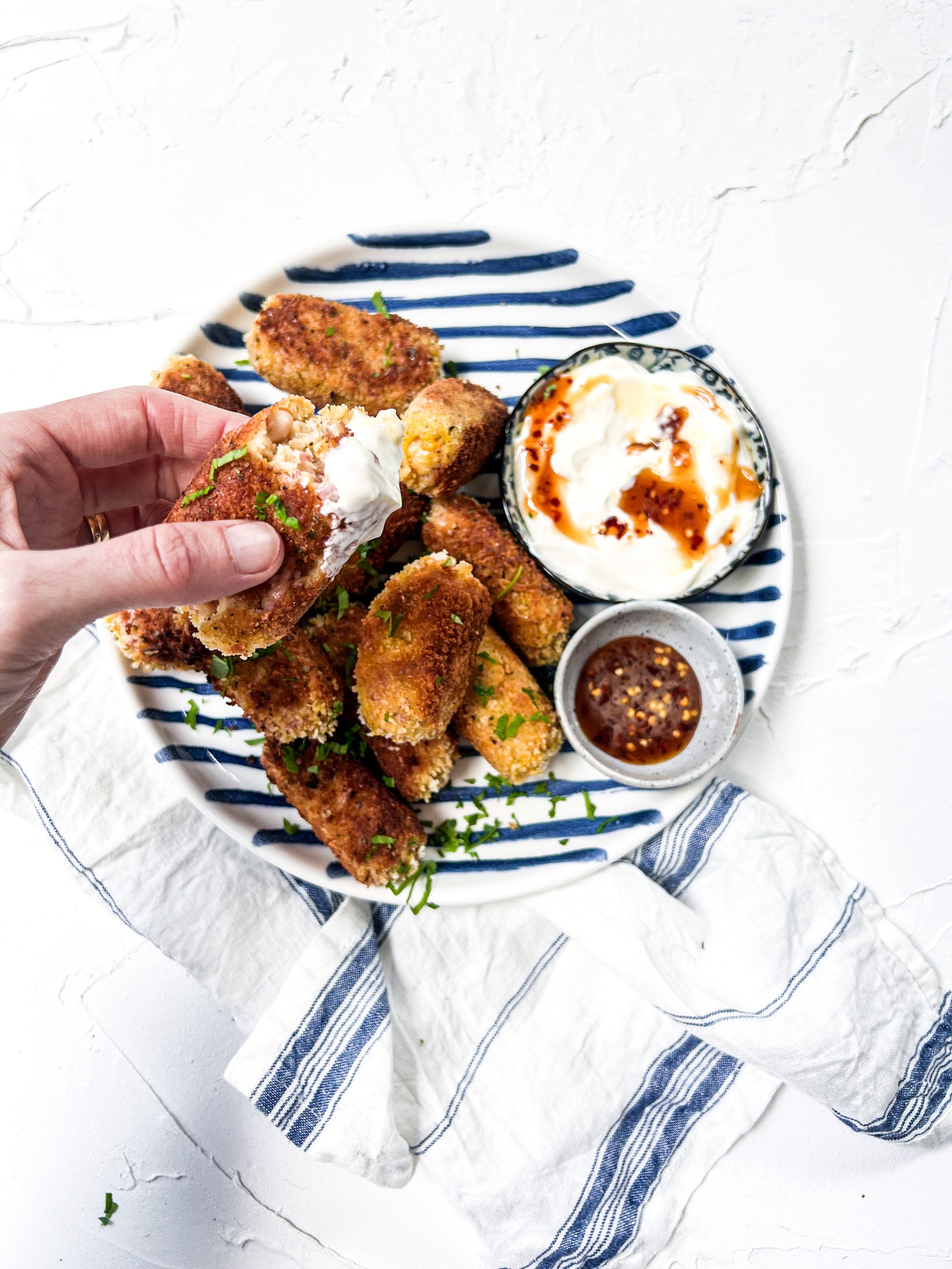 Leftover Christmas ham and bean croquettes with sweet chilli sour cream dipping sauce