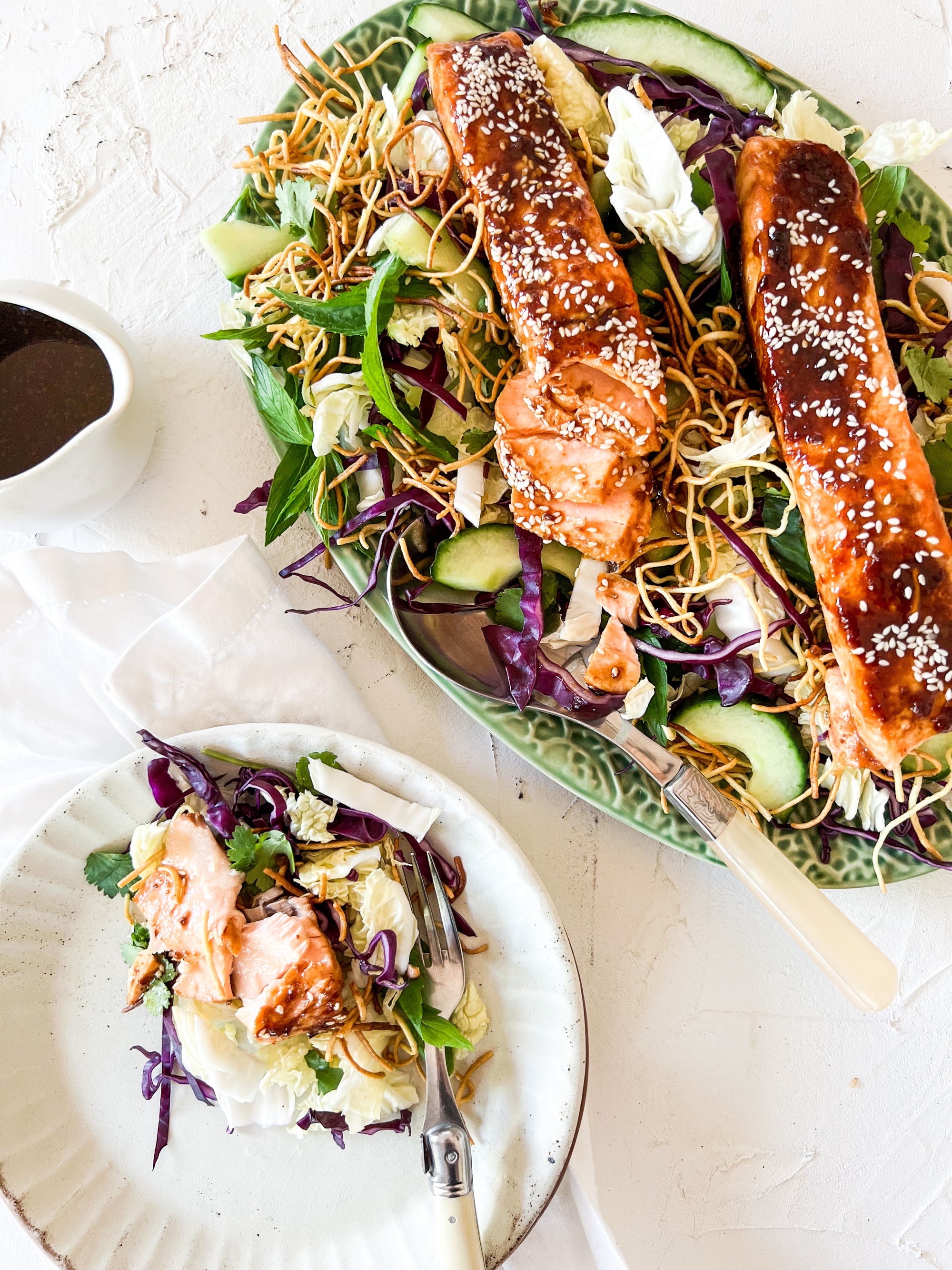 Crunchy noodle salad with flaked miso maple salmon fillets