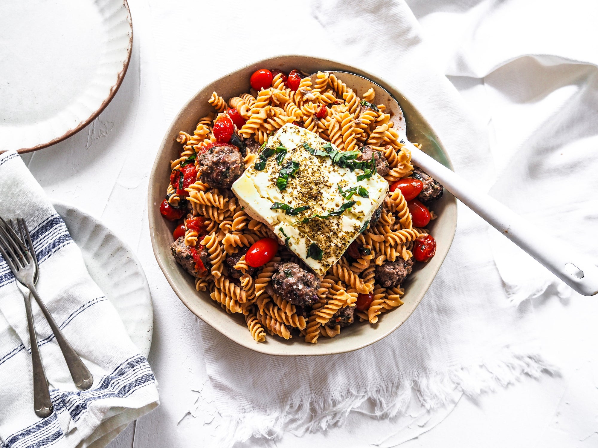 Baked Feta, Tomato and Basil Meatballs with Chickpea pasta