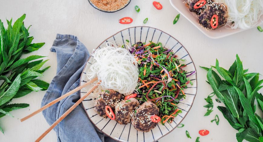Ginger and Sesame Rissoles with Asian Slaw and Noodles